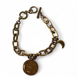 J.Crew Gold Tone Celestial Coin Charm Bracelet Moon Star Toggle Chain